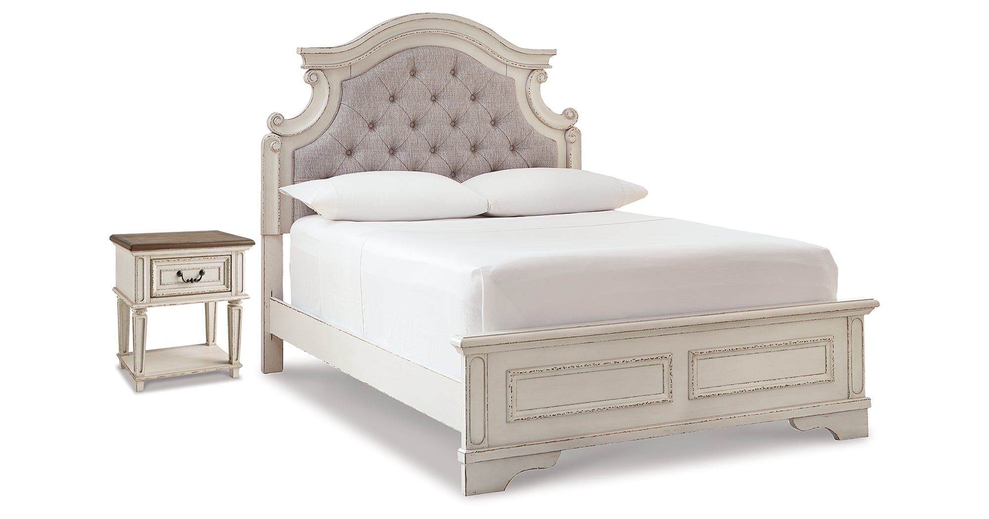 Realyn Chipped White Full Panel Bed and Nightstand